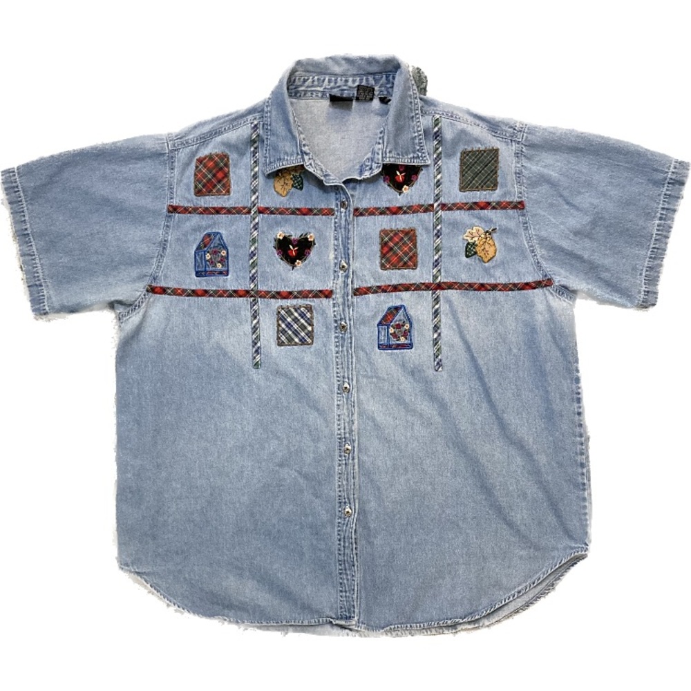 C01 Quizz Woman & Co Denim Button Up Shirt Craftcore Patchwork VTG Top Sz 22
